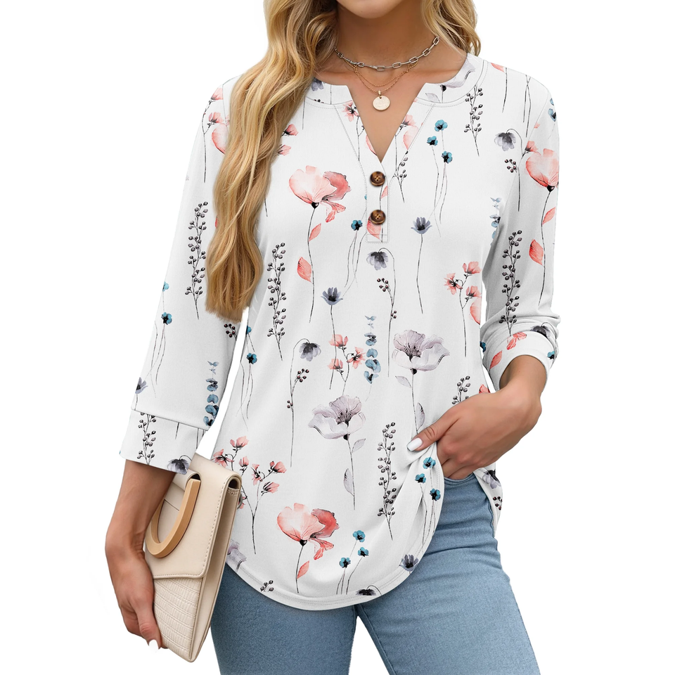Fantaslook Womens Blouses 3/4 Sleeve V Neck Henley Shirts Dressy Casual Tops Summer Fall Fashion Clothes