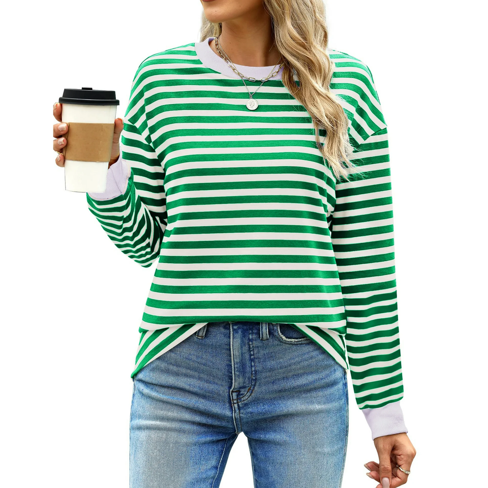 Fantaslook Striped Long Sleeve Shirts for Women Crewneck Tunic Tops Color Block Blouses Fall Pullover