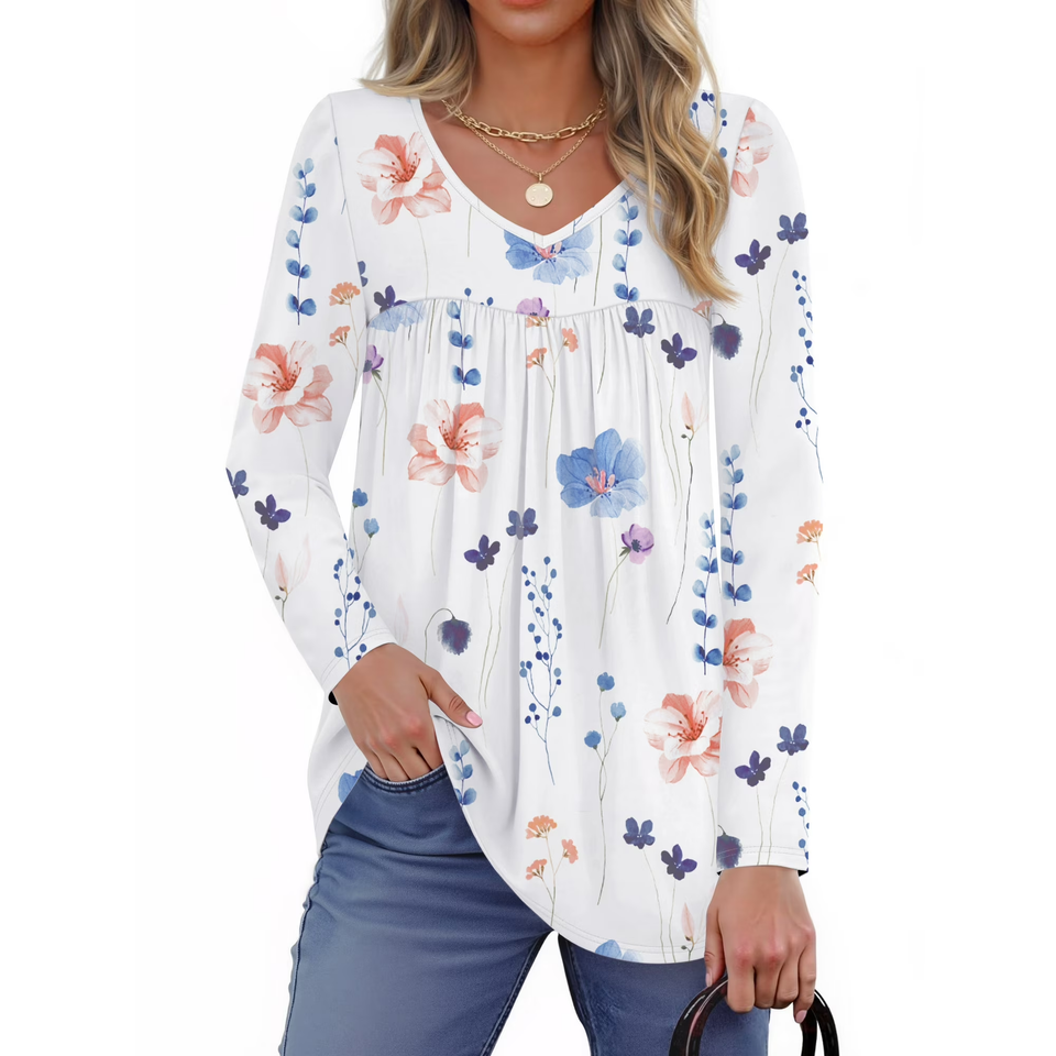 Fantaslook Womens Tops Dressy Casual Pleated Blouses V Neck Long Sleeve Shirts Fall Tunic Tops
