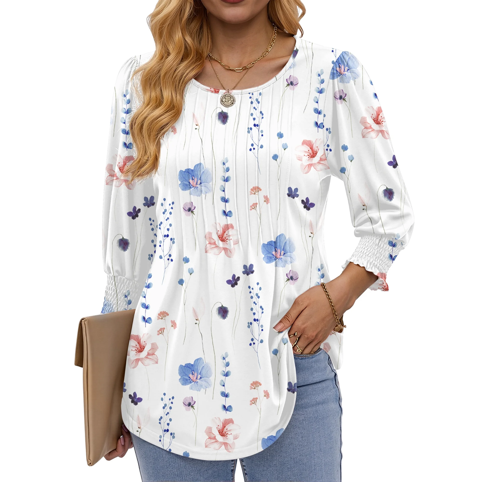 Fantaslook Pleated Blouses for Women Dressy Casual 3/4  Sleeve Womens Tops with Smocked Cuffs Summer Fall Shirts
