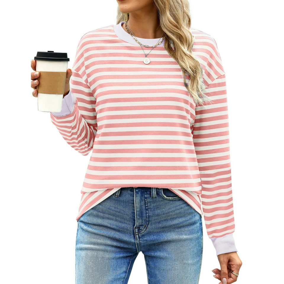 Fantaslook Striped Long Sleeve Shirts for Women Crewneck Tunic Tops Color Block Blouses Fall Pullover
