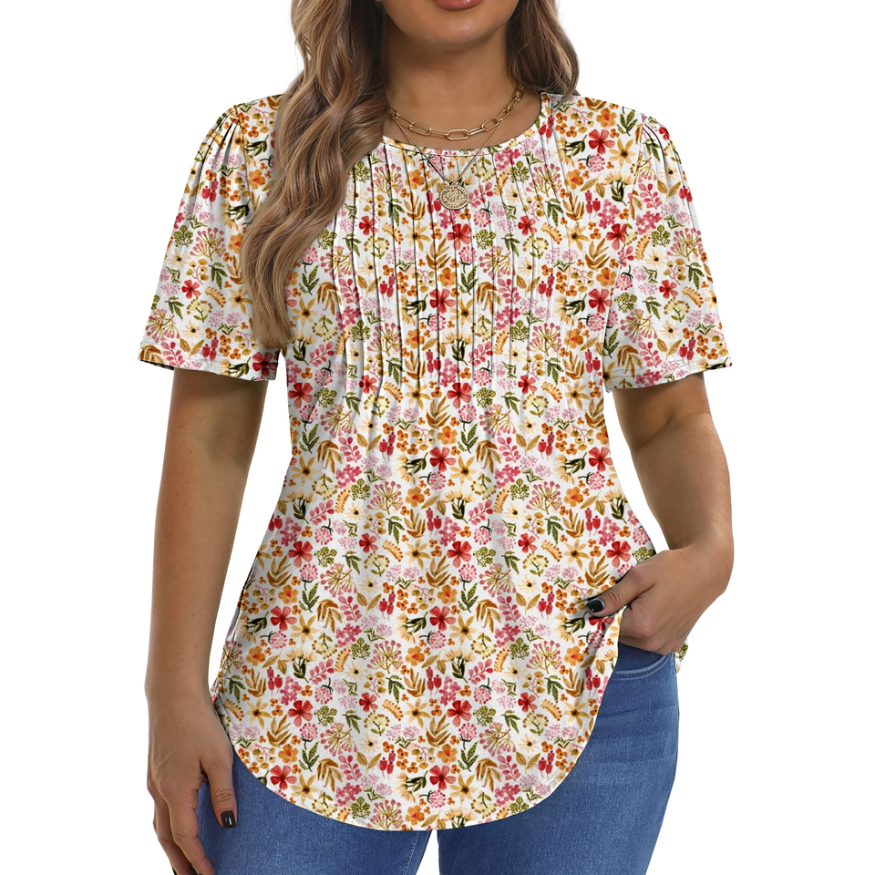 Fantaslook Blouses for Women Pleated Short Sleeve Tunic Tops Dressy Casual Summer Shirts