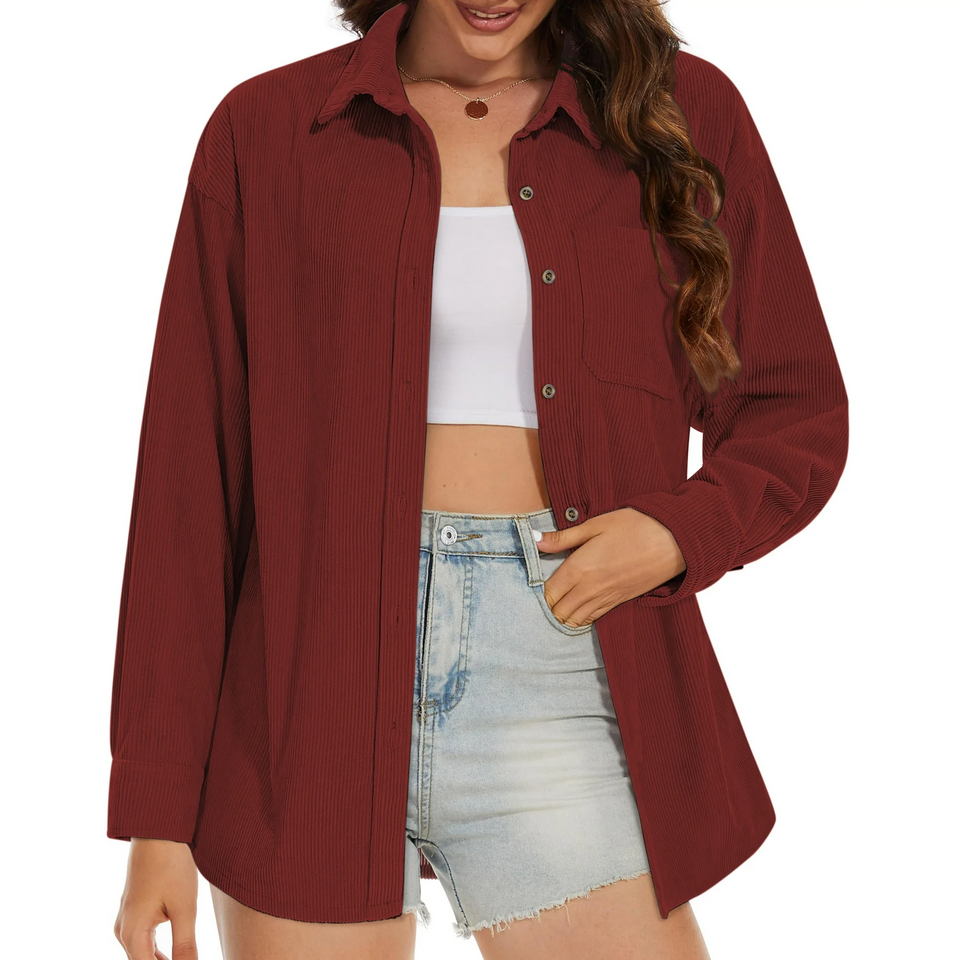 Fantaslook Women Corduroy Shirts Shacket Jacket Casual Long Sleeve Button Down Blouses Tops