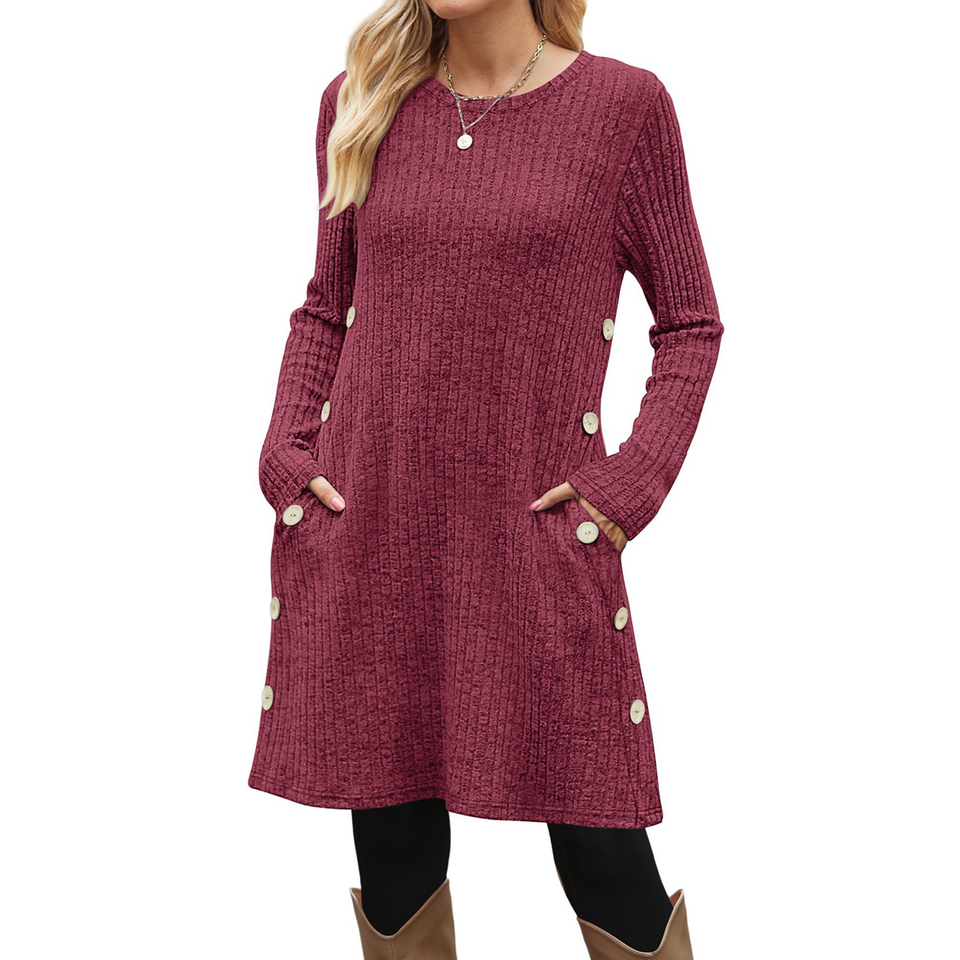 Fantaslook Long Sleeve Womens Dresses Crew Neck Buttons Tunic Dress with Pockets