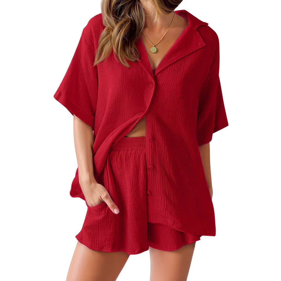 Fantaslook 2 Piece Womens Outfit Sets Button Down Shirts and Shorts Casual Lounge Sets Short Sleeve Pajamas Sets Summer Loungewear
