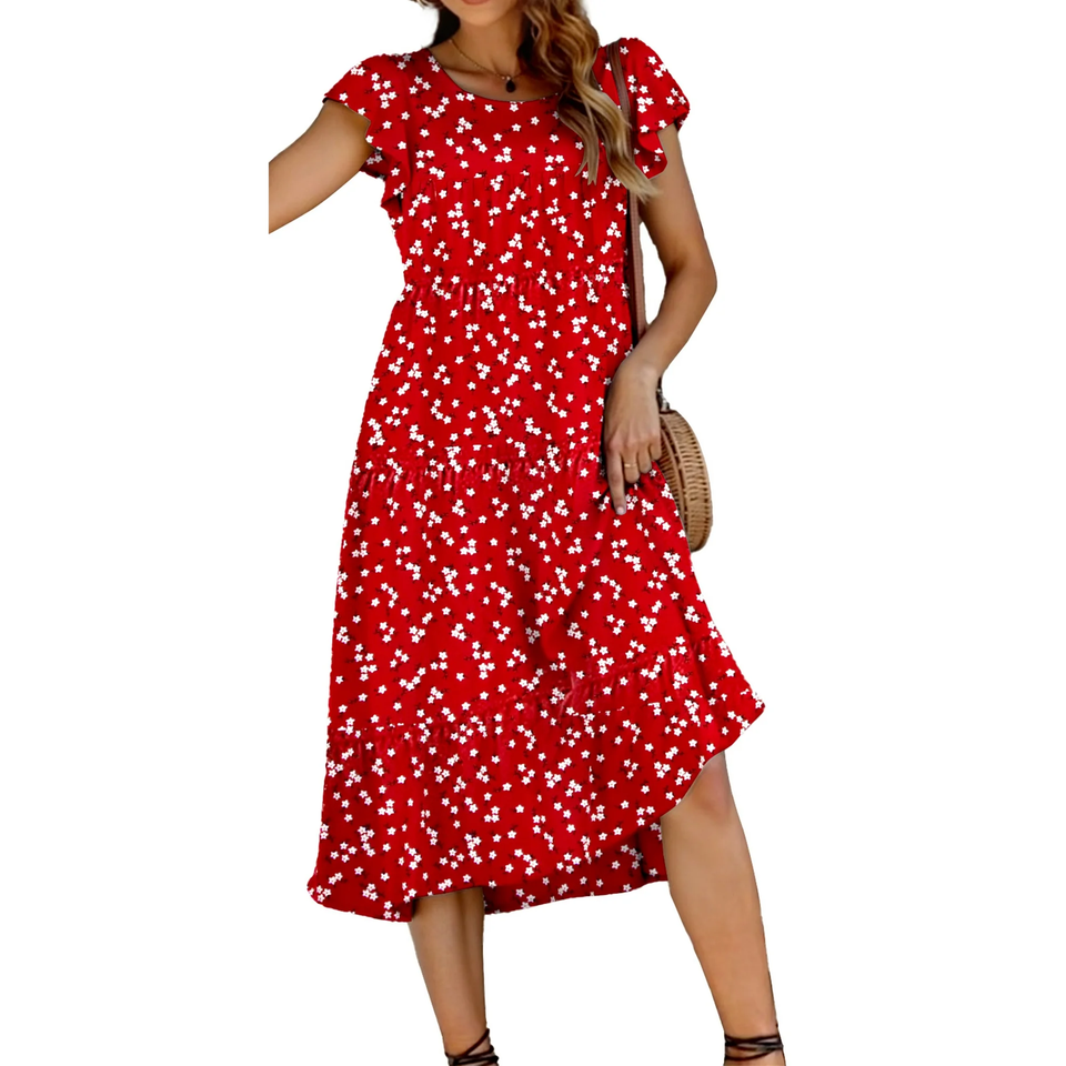 Fantaslook Dresses for Women Summer Casual Boho Dress Floral Print Ruffle Sleeve Midi Beach Dresses