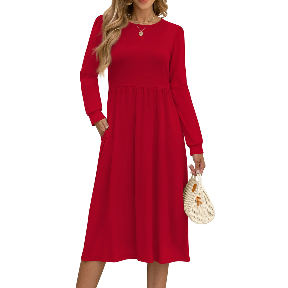 Fantaslook Long Sleeve Midi Dresses for Women Casual Floral Dress Flowy Fall Dresses with Pockets