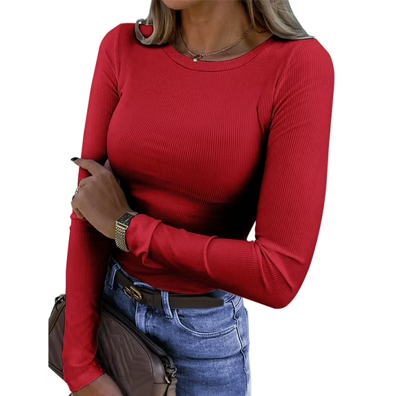Fantaslook Fitted Long Sleeve Shirts for Women Stretch Casual Basic Tops Crewneck Ribbed Tees Shirts