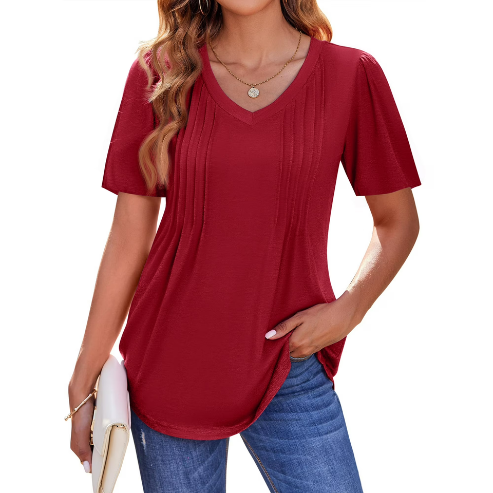 Fantaslook Blouses for Women Dressy Casual V Neck Pleated Tunic Tops Summer Short Sleeve Boho Shirts