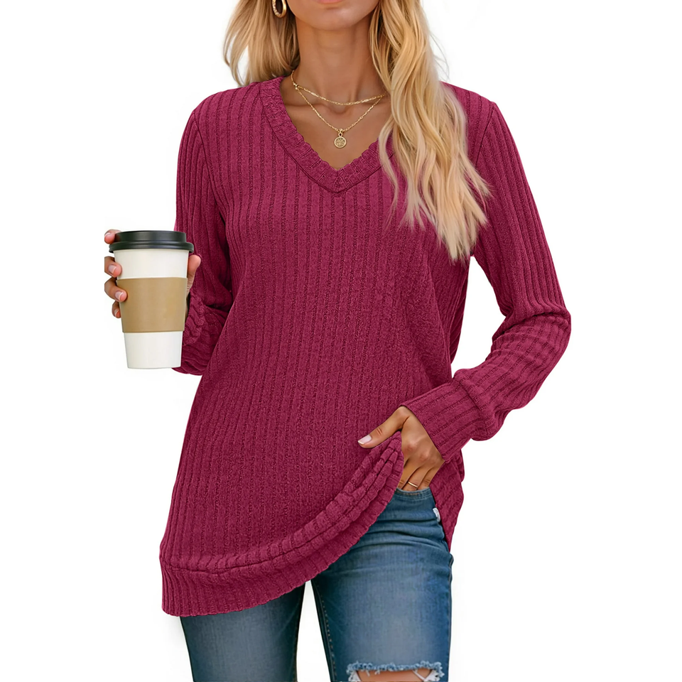 Fantaslook V Neck Long Sleeve Shirts for Women Dressy Casual Fall Tops Lightweight Tunic Pullover Fashion Clothes