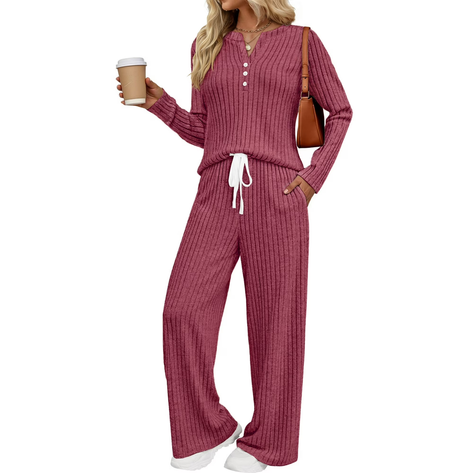 Fantaslook Two Piece Lounge Sets for Women Fall Travel Outfits Henley Neck Sweater tops Wide Leg Pants Matching Sets Pajamas Clothes