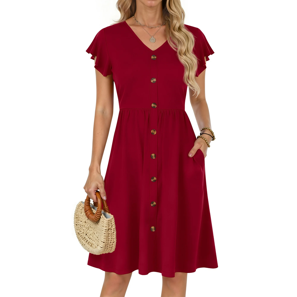 Fantaslook Women Summer Dresses V Neck Ruffle Sleeve Casual Flowy Sundresses Button Floral Midi Dress with Pockets