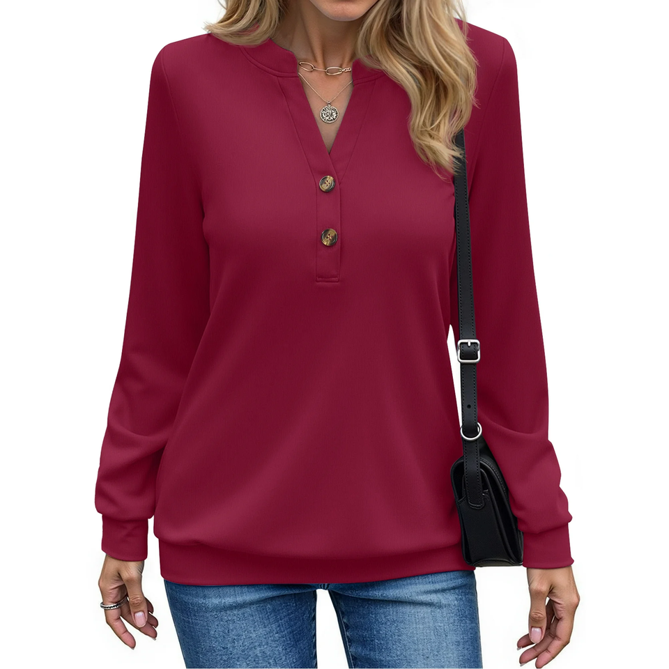 Fantaslook V Neck Sweatshirts for Women Casual Long Sleeve Shirts Button Pullover Tops Fashion Fall Outfits