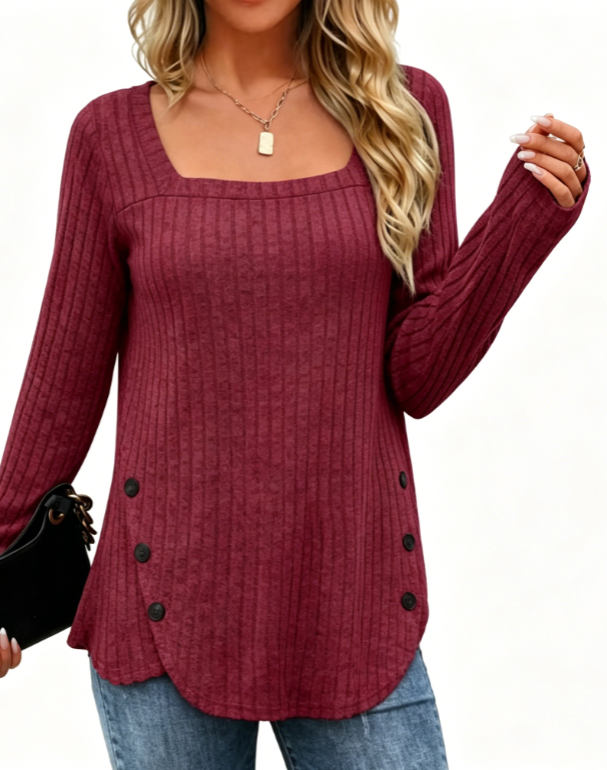 Fantaslook Square Neck Tops for Women Long Sleeve Dressy Blouses Button Side Tunic Shirts