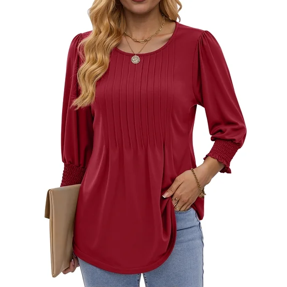 Fantaslook Pleated Blouses for Women Dressy Casual 3/4  Sleeve Womens Tops with Smocked Cuffs Summer Fall Shirts