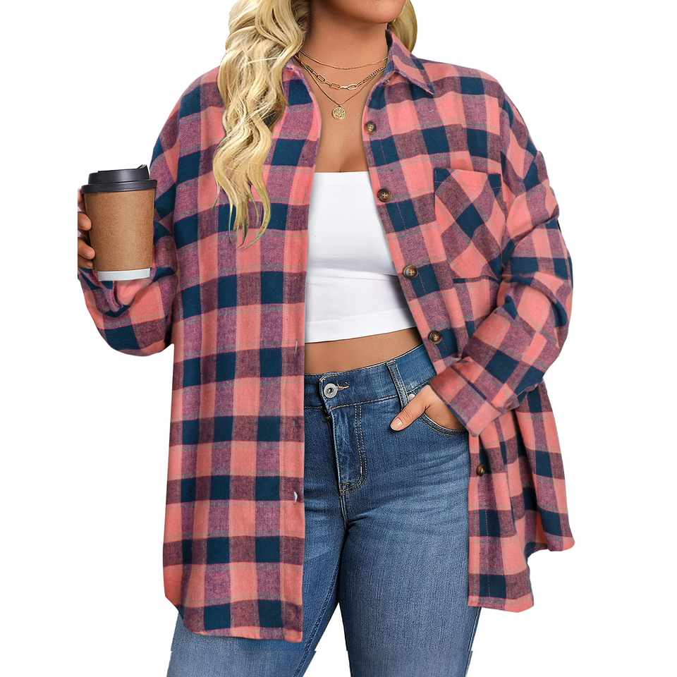 Fantaslook Plus Size Flannel Plaid Shirts for Women Long Sleeve Button Down Shirts Casual Loose Blouses Tops