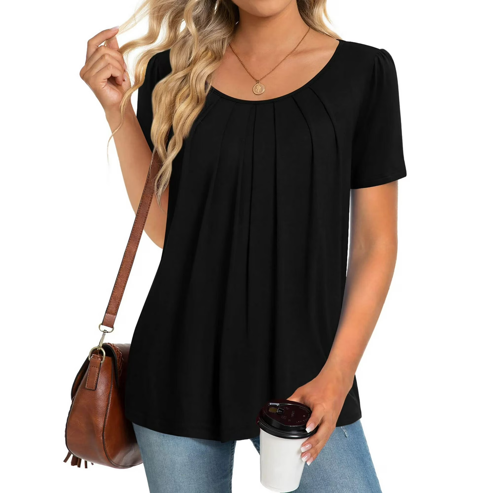 Fantaslook Dressy Blouses for Women Pleated Short Sleeve Tunic Tops Casual Floral Shirts