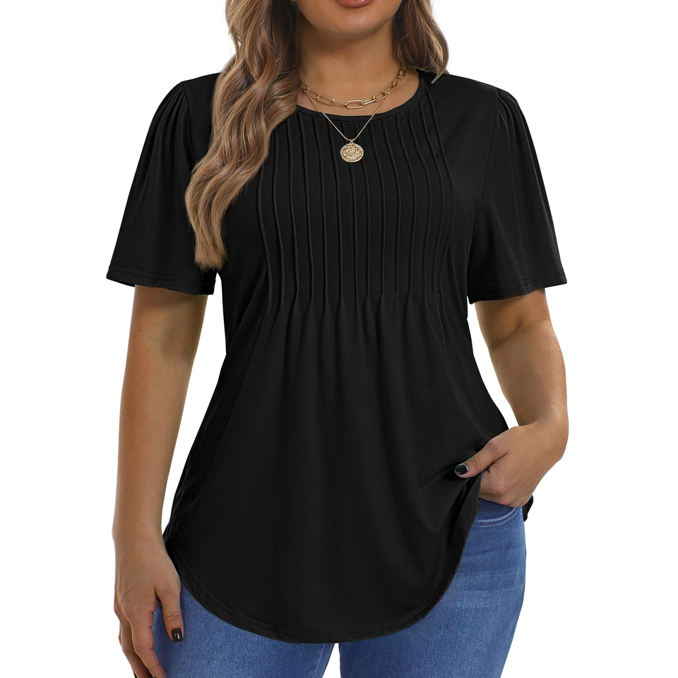 Fantaslook Blouses for Women Pleated Short Sleeve Tunic Tops Dressy Casual Summer Shirts