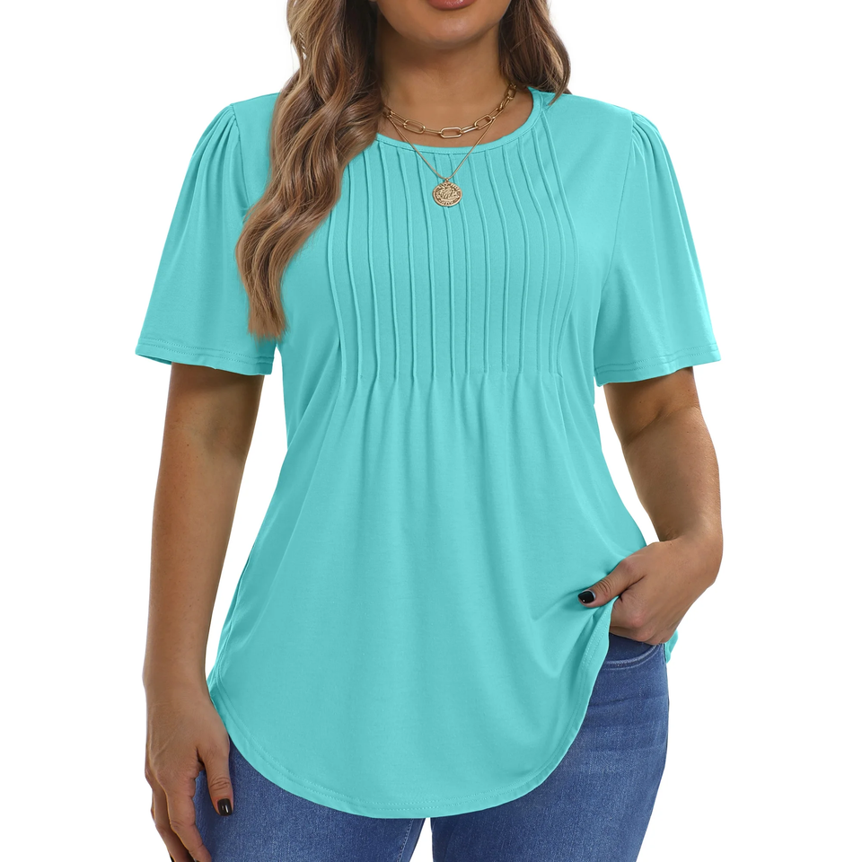 Fantaslook Blouses for Women Pleated Short Sleeve Tunic Tops Dressy Casual Summer Shirts