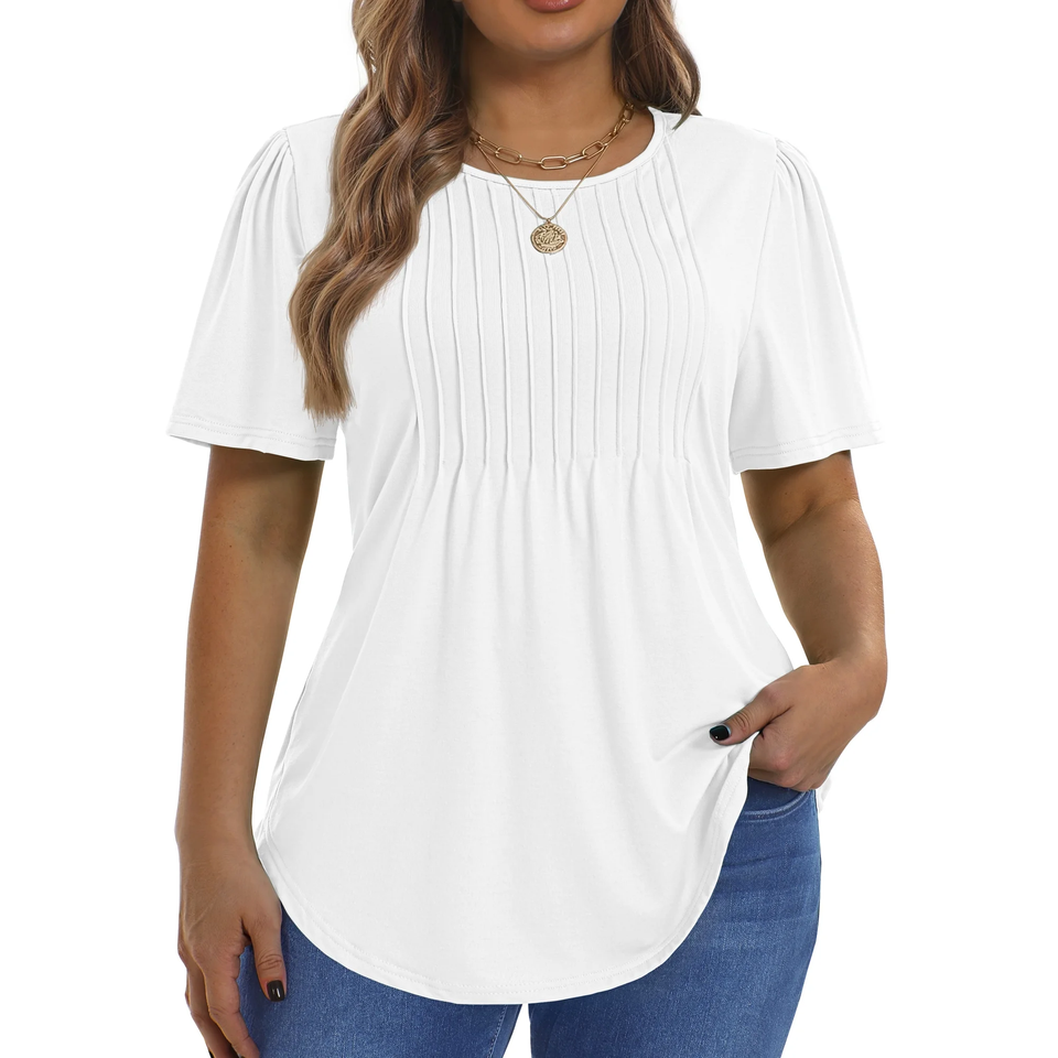 Fantaslook Blouses for Women Pleated Short Sleeve Tunic Tops Dressy Casual Summer Shirts