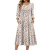 Fantaslook Fall Dresses for Women Smocked 3/4 Sleeve Dress Floral Midi Casual Dresses with Pockets