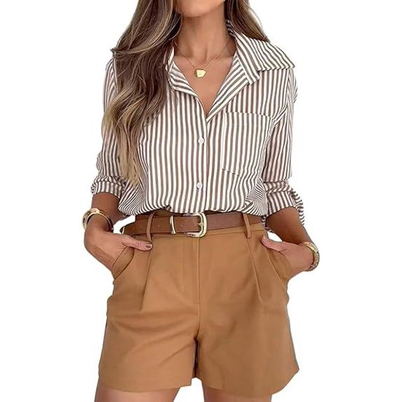 Fantaslook Striped Button Down Shirts for Women Classic Long Sleeve Collared Office Work Blouses Tops
