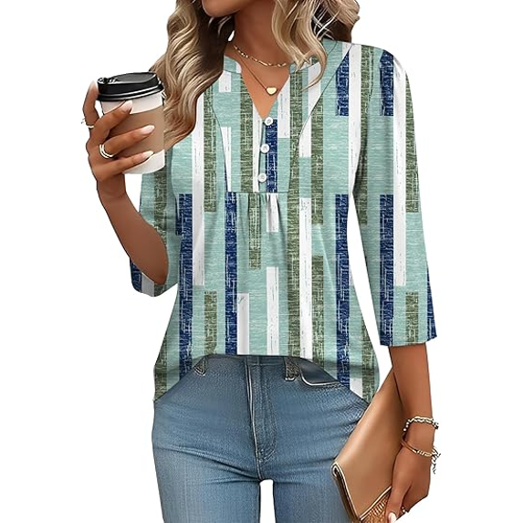 Fantaslook 3/4 Sleeve Plus Size Tops for Women Henley V Neck Button Blouses Dressy Floral Tunic Work Shirts L-5XL