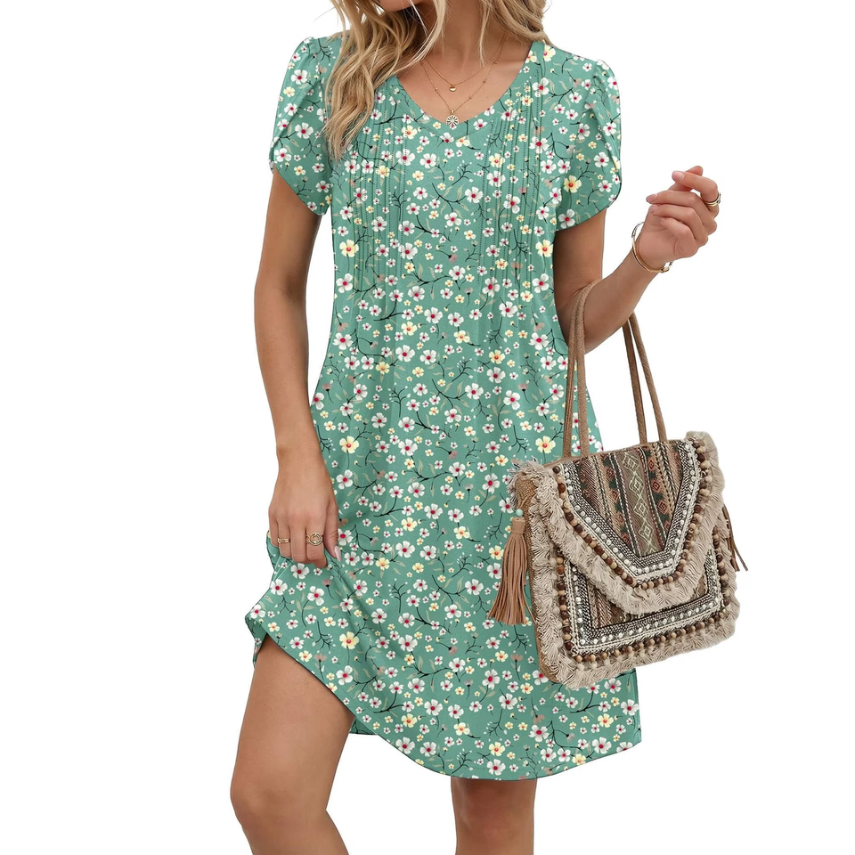 Fantaslook Summer Dresses for Women Short Sleeve Pleated V Neck Dress A Line Casual Tunic Dresses with Pockets