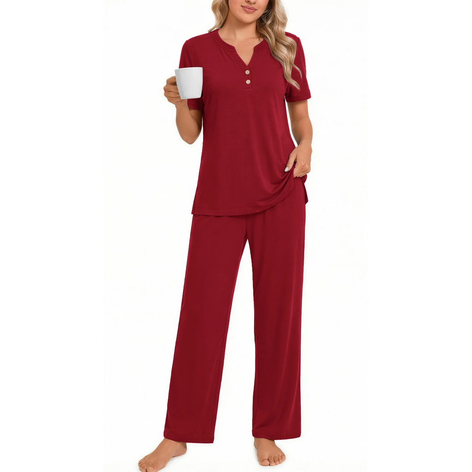 Fantaslook Womens Pajamas Sets V Neck Buttons Short Sleeve Top and Pant with Pockets Lounge Wear Set Outfits