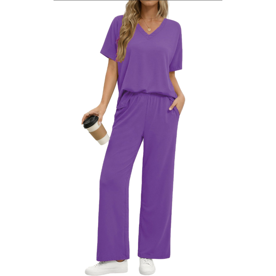 Fantaslook Lounge Sets for Women Casual 2 Piece Outfits Summer V Neck Short Sleeve Tops and Wide Leg Pants Pajamas Sets