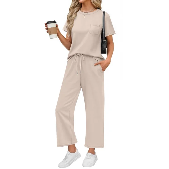 Fantaslook 2 Piece Sets for Women Casual Summer Travel Vacation Outfits Short Sleeve Tops Wide Leg Pants Lounge Sets