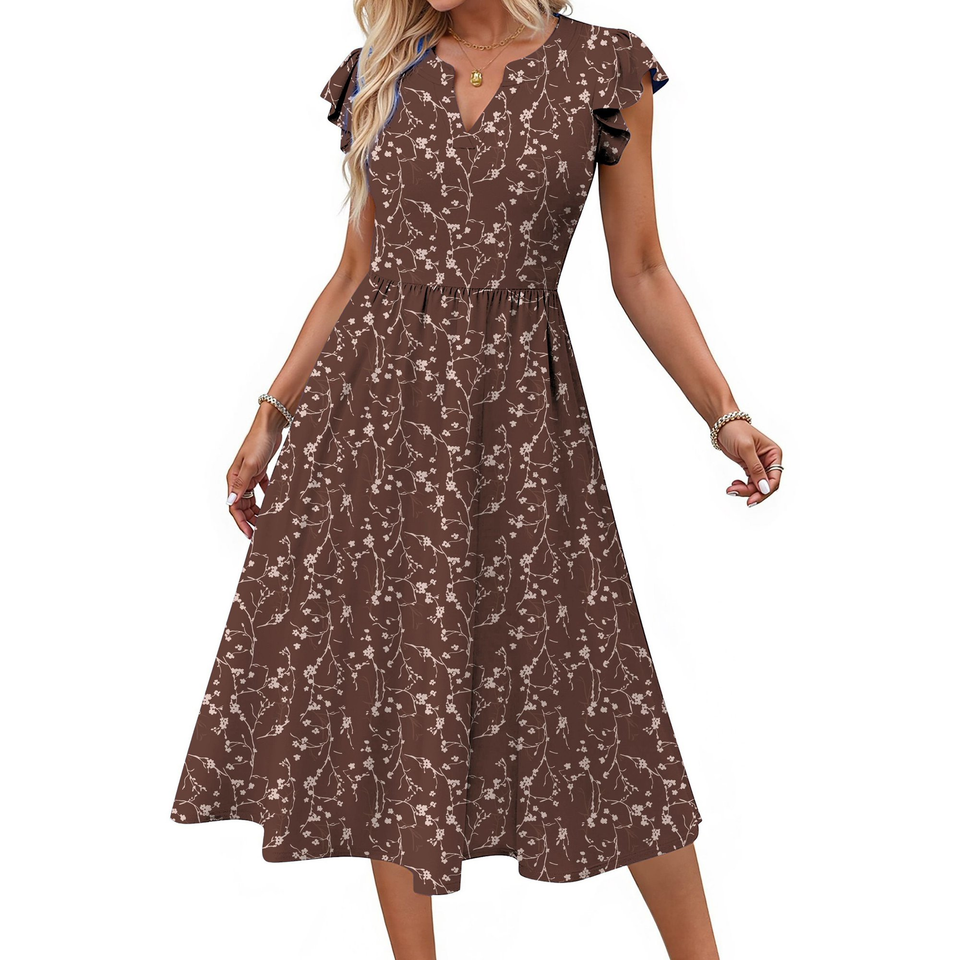 Fantaslook Summer Dresses for Women Ruffle Sleeve V Neck Midi Dresses Fashion Casual Flowy Vacation Sundress