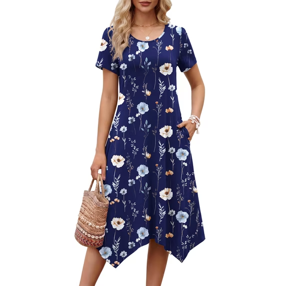Fantaslook Plus Size Dresses for Women Floral Asymmetrical Hem Dress Summer Sundresses with Pockets