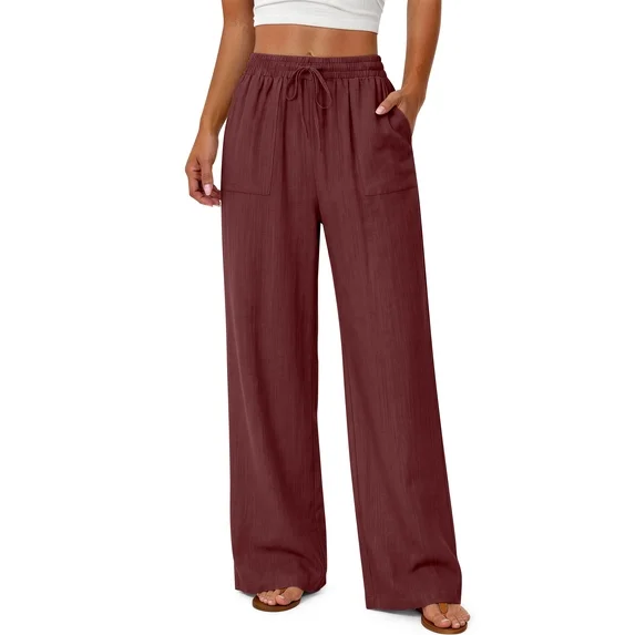 Fantaslook Linen Wide Leg Pants for Women Flowy Palazzo Drawstring Elastic Waist Trousers with Pockets Summer Beach Vacation Clothes