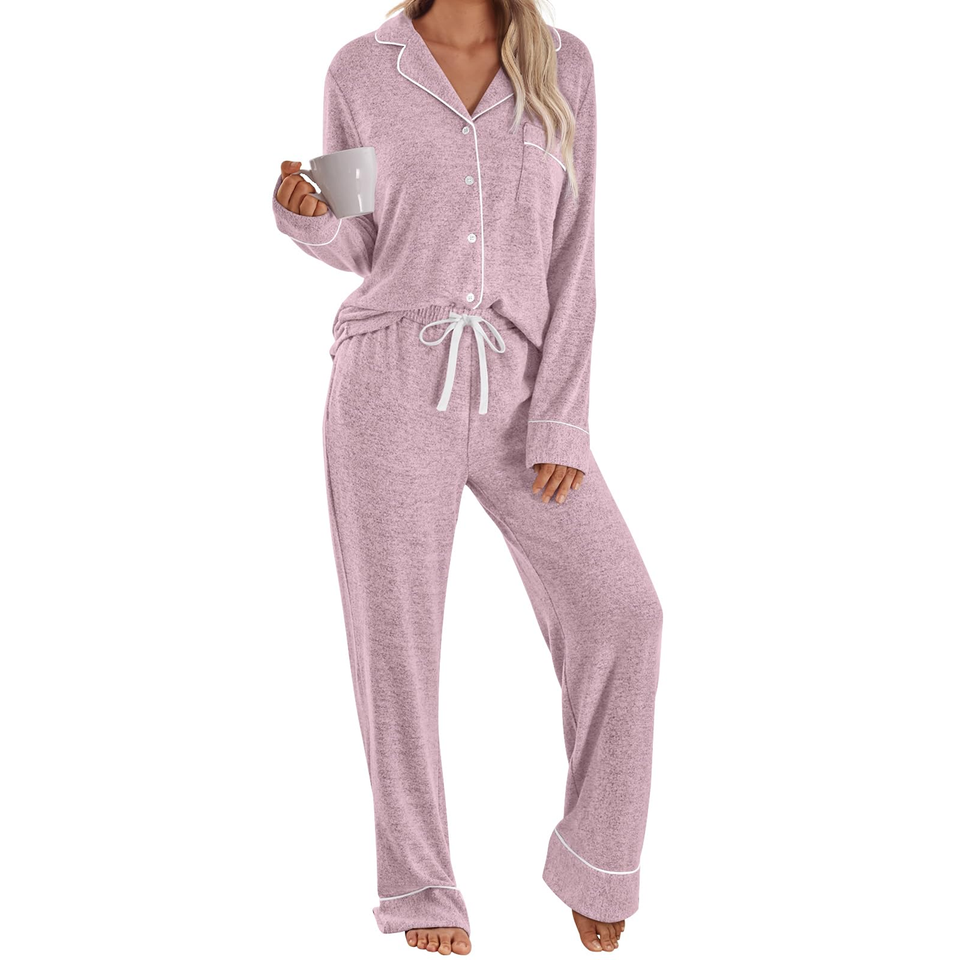 Fantaslook Womens Pajama Sets Long Sleeve Button Down Tops Drawstring Pants Sleepwear Nightwear Soft Pjs Sets with Pockets