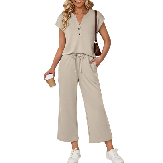 Fantaslook Two Piece Lounge Sets for Women Vacation Travel Outfits Dressy Casual V Neck Short Sleeve Tops Wide Leg Pants Fashion Outfits