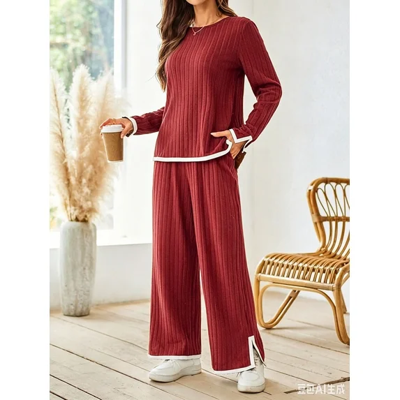 Fantaslook 2 Piece Sets for Women Travel Outfits Color Block Long Sweater Lounge Sets Splits Hem Tracksuits with Pockets