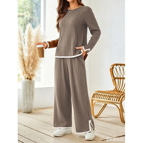 Fantaslook 2 Piece Sets for Women Travel Outfits Color Block Long Sweater Lounge Sets Splits Hem Tracksuits with Pockets