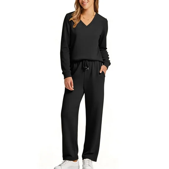 Fantaslook Two Piece Sets for Women Fall Outfits Long Sleeve Tops Wide Leg Pants Lounge Matching Sets Vacation Travel Outfits