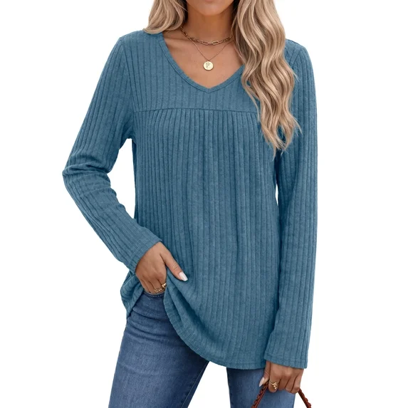 Fantaslook Long Sleeve Shirts for Women V Neck Lightweight Sweaters Casual Fall Tunic Tops Fashion Spring Clothes