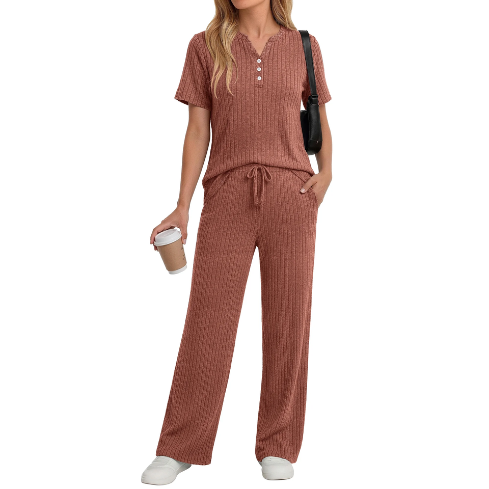Fantaslook Two Piece Lounge Sets for Women Summer Outfits Henley V Neck Short Sleeve Tops Wide Leg Pants Matching Sets Trendy Clothes