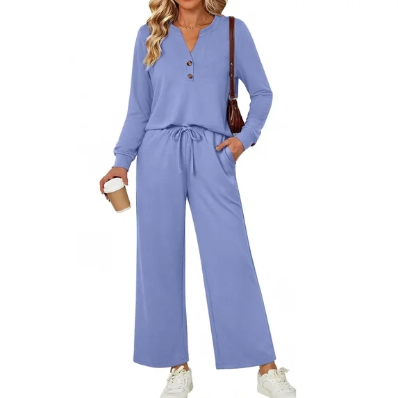 Fantaslook Fall Fashion Two Piece Lounge Sets for Women Henley V Neck Vacation Travel Outfit Casual Wide Leg Pants Matching Sets Women Clothing