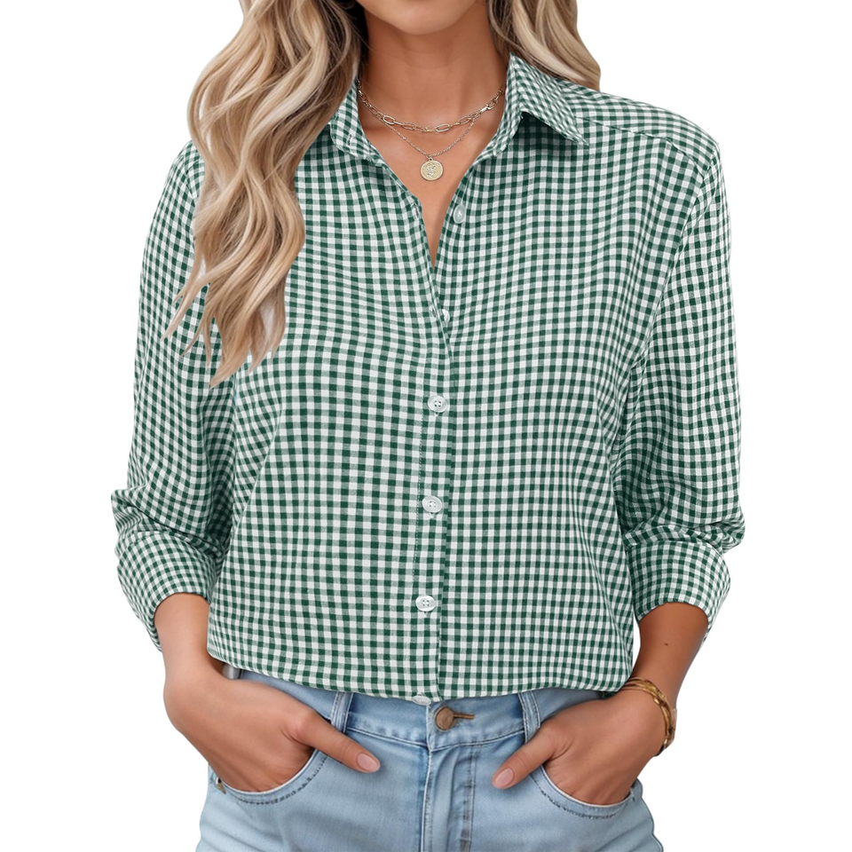 Fantaslook Plaid Button Down Shirts for Women Dressy Casual Long Sleeve Shirts Collared Work Blouses Tops