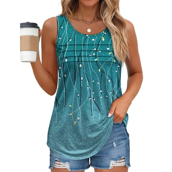 Fantaslook Pleated Tank Tops for Women Dressy Casual Sleeveless Blouses Floral Summer Tops