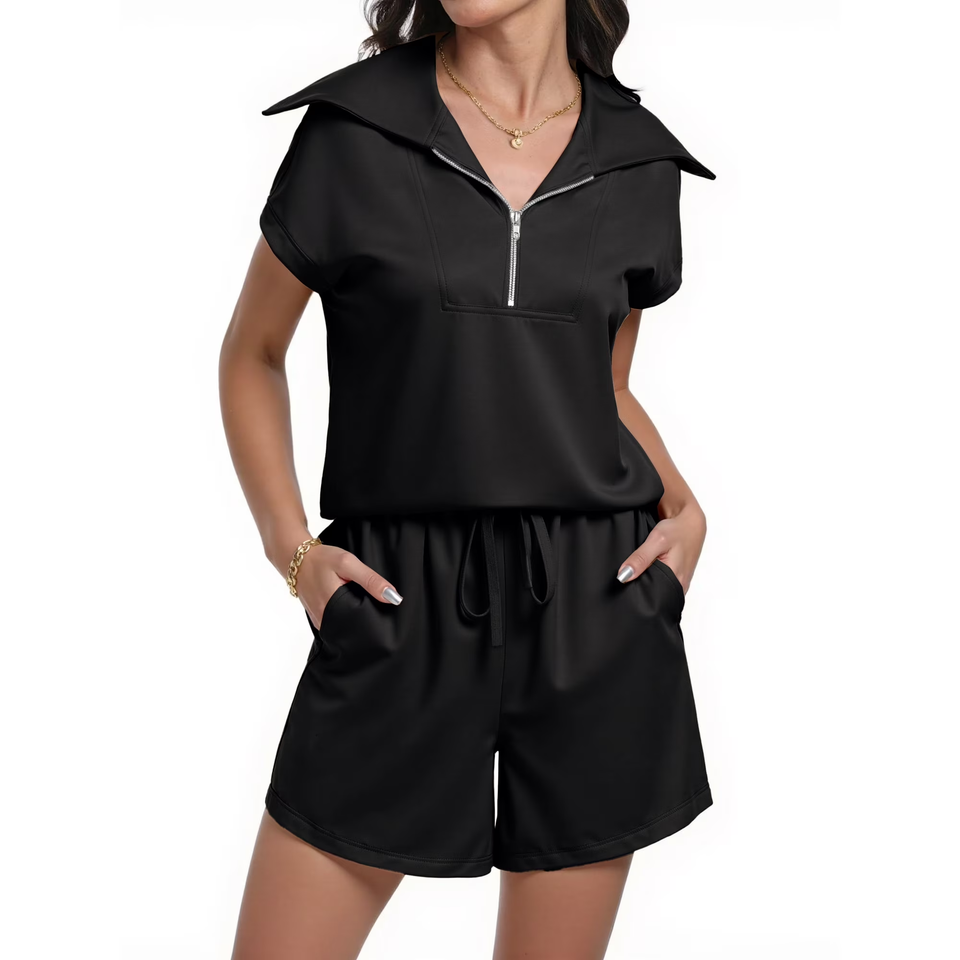 Fantaslook Womens 2 Pieces Outfits Half Zip Lapel Collar Lounge Set Cap Sleeve Summer Sets with Pockets