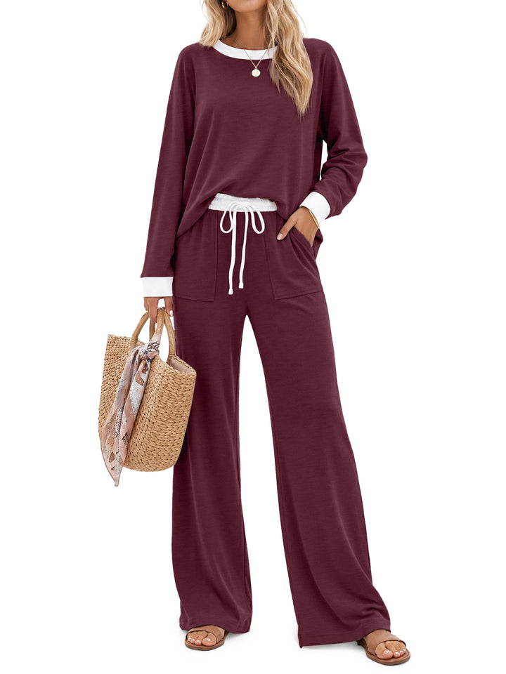 Fantaslook Color Block Pajamas for Women Crew Neck Tops Long Loungewear Pants Spliced 2 Piece Outfits Sets with Pockets