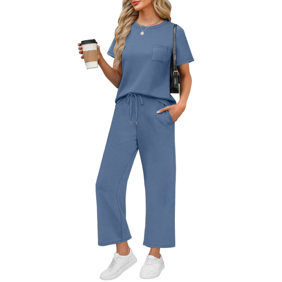 Fantaslook 2 Piece Sets for Women Casual Summer Travel Vacation Outfits Short Sleeve Tops Wide Leg Pants Lounge Sets