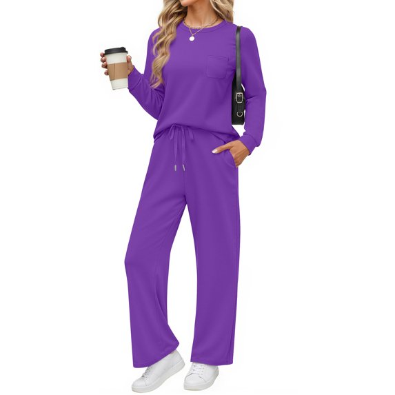Fantaslook Two Piece Lounge Sets for Women Fall Outfits Long Sleeve Tops Wide Leg Pants Matching Sets Vacation Travel Outfits