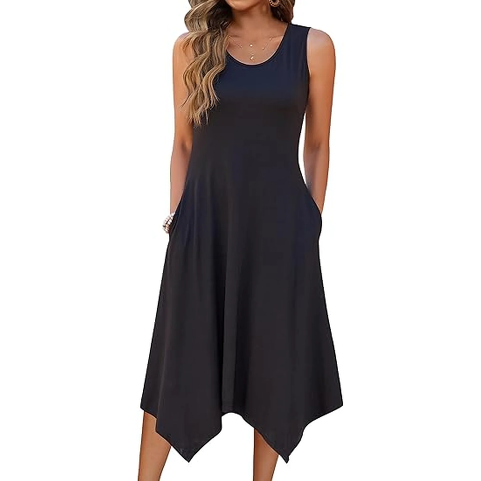 Fantaslook Floral Tank Dresses for Women Flowy Sleeveless Asymmetrical Hem Dress Beach Sundress with Pockets