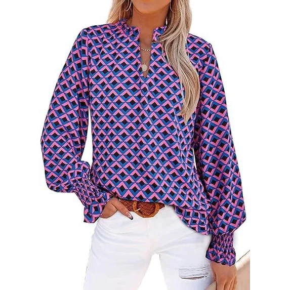 Fantaslook Floral V Neck Blouses for Women Loose Lined Flowy Shirts Trendy Smocked Cuff Long Sleeve Tops